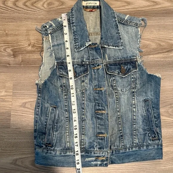 Pistola Denim Distressed Button Up Jean Vest Women’s size Small Pockets - Picture 6 of 8